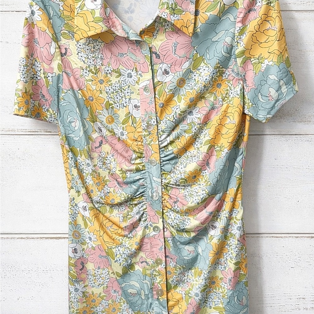 WAYF Jennifer Ruched Floral Dress – Vintage 70s Style – Size M